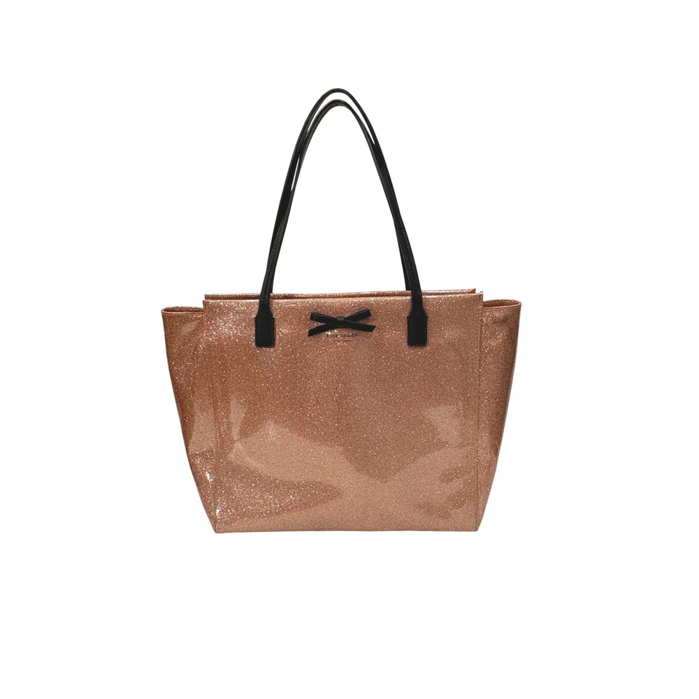 Kate Spade Rose Gold Glitter Tote Bag Zip Top Bow Detail Pink Sparkle Large